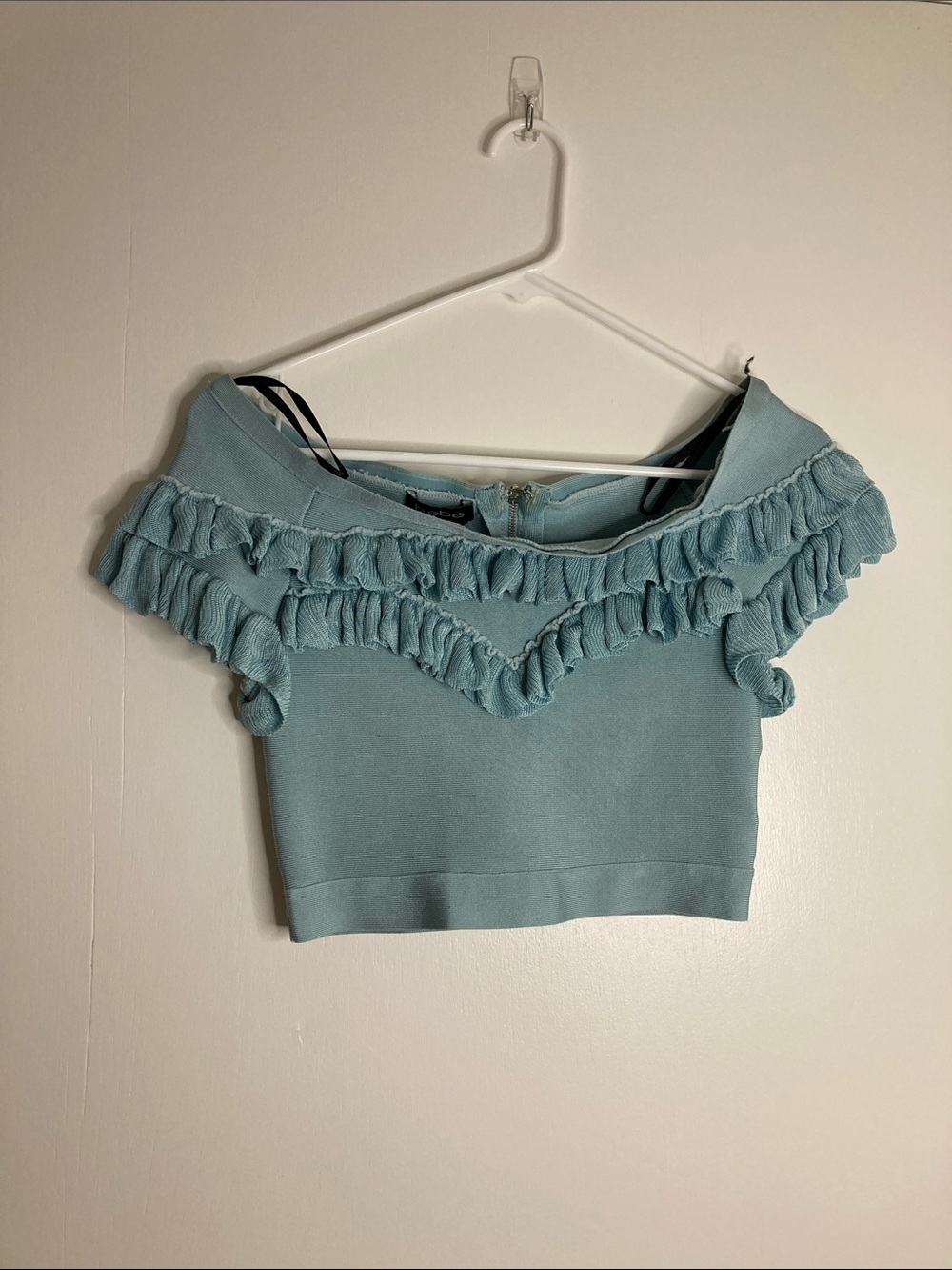 bebe Powder Blue Ruffle Off-Shoulder Crop Top